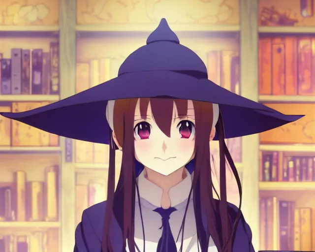 Image similar to anime visual, portrait of a young female wearing a wizard hat in a alchemist's shop interior, cute face by katsura masakazu and yoh yoshinari,, cinematic luts, genshin impact, dynamic pose, dynamic perspective, strong silhouette, anime cels, ilya kuvshinov, cel shaded, crisp and sharp, rounded eyes, moody