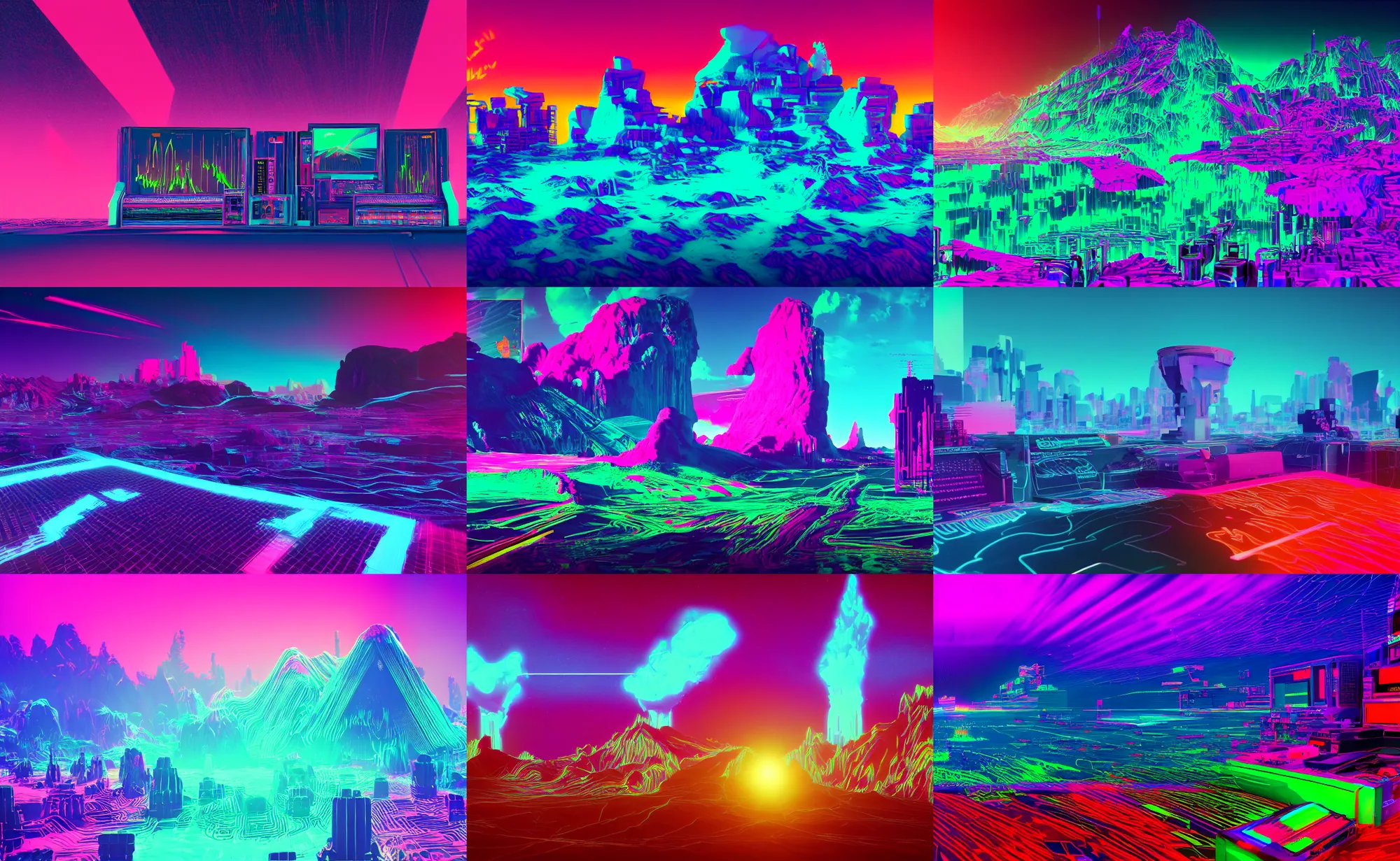 Prompt: synthwave, colorful, glitchy, landscape, in a spectrogram and an oscilloscope, matte painting, unreal engine, 4 k