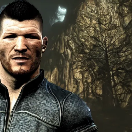 Image similar to character screenshot of ufc commentator michael bisping with an eye patch, npc talking, skyrim, wilderness, 1 0 8 0 p, bokeh, elder scrolls v, detailed, dialog text