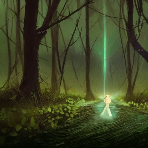 Prompt: on the road, muddy swamps and thorns, dad and mom took their daughter's hand and walked with difficulty, in the distance is the enchanted forest, there is a gentle light in the darkness and the glowing wings of the pixies flashing in the forest, the whole forest radiated a sacred light, studio ghibli style