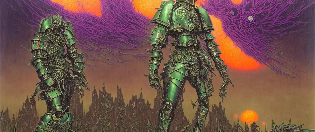 Prompt: composition of gothic and futuristic, warhammer, cyber japan armor, many scars, many mechflowers, thunderstorm, green head, some orange and purple, the middle ages, highly detailed, artstation, in the style of moebius, jugendstil and classic japanese print, psychedelic, art by jean delville and dragan bibin