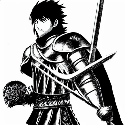 Image similar to rocking star yash as a knight in the style of berserk, by kentaro miura