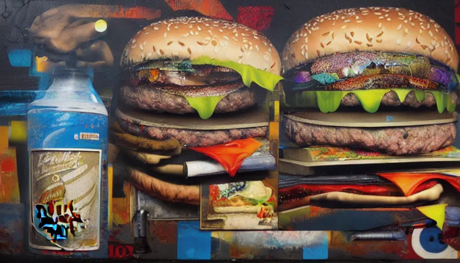 Prompt: Holosomnia, Burger King, detailed and highly reliefed spray painted and analogue collage with canvas texture in style of contemporary art, photorealistic, surrealism, expressionism, masterpiece, balanced composition, calm vivid colors, grim atmosphere, spectacular quality, CGSociety, intricate oils