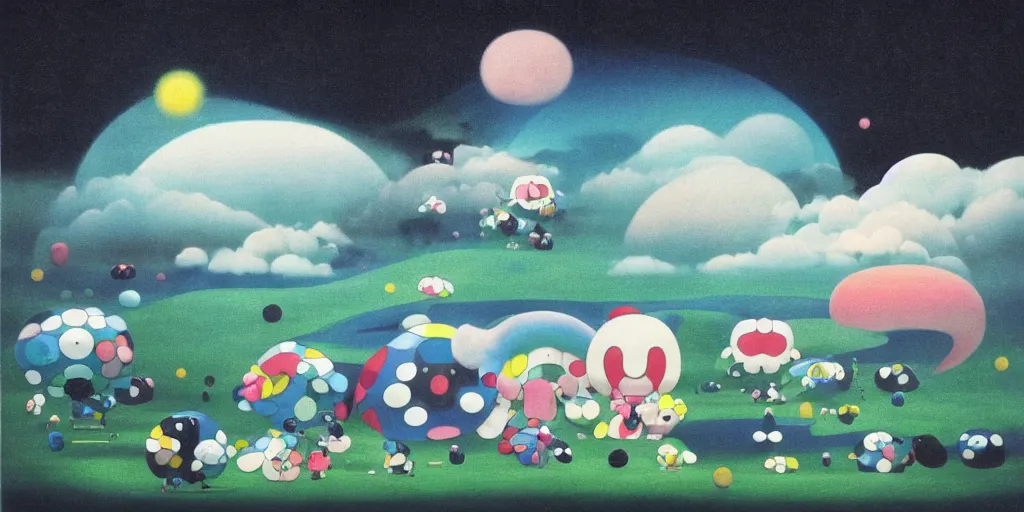 Prompt: !dream The Hole in the Sky spilling darkness down upon The Mountain painting by Chiho Aoshima, Takashi Murakami, Yoshitomo Nara, Huang Yuxing and Aya Takano , Superflat art movement, chibi, soft pastel colors, very ethereal, soft glow, black box by Max Ernst The Scarlet Black Box, a rare and early work of Marth Rothko, omnious, sad, surrealism, chiaroscuro painting, gradient, Wayne Thiebaud