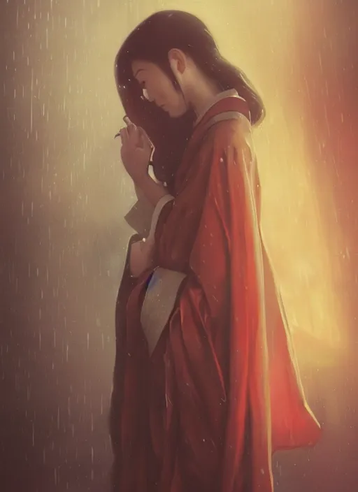 Image similar to a Photorealistic dramatic hyperrealistic render of an an Asian woman dressed in a kimono wielding two lightsabers, in the rain dramatic lighting, by WLOP,Artgerm,Greg Rutkowski,Alphonse Mucha, Beautiful dynamic dramatic dark moody lighting,shadows,cinematic atmosphere,Artstation,concept design art,Octane render,8K