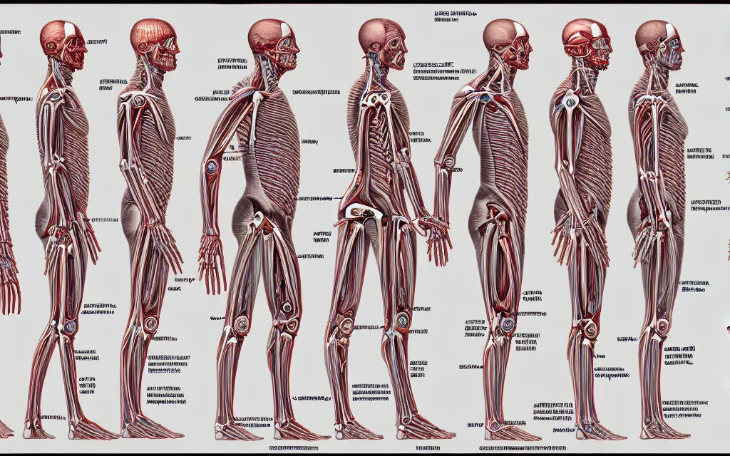 Image similar to diagram of humanity's future biomechanical evolution, scientific anatomical diagram