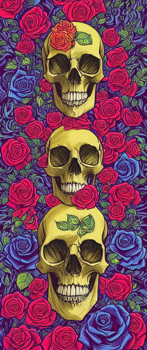 Image similar to ortographic view of a large skull and psychedelic roses with a forest background by Jen Bartel and Dan Mumford and Satoshi Kon, gouache illustration