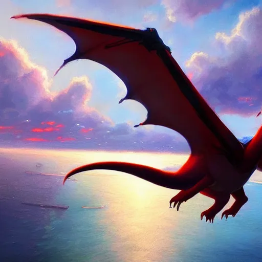 Image similar to charizard flying above new york, beautiful, serene colors, lake background, complimentary contrast, dramatic lighting, masterpiece, high contrast, painted by stanley lau, painted by greg rutkowski, painted by stanley artgerm, digital art, trending on artstation