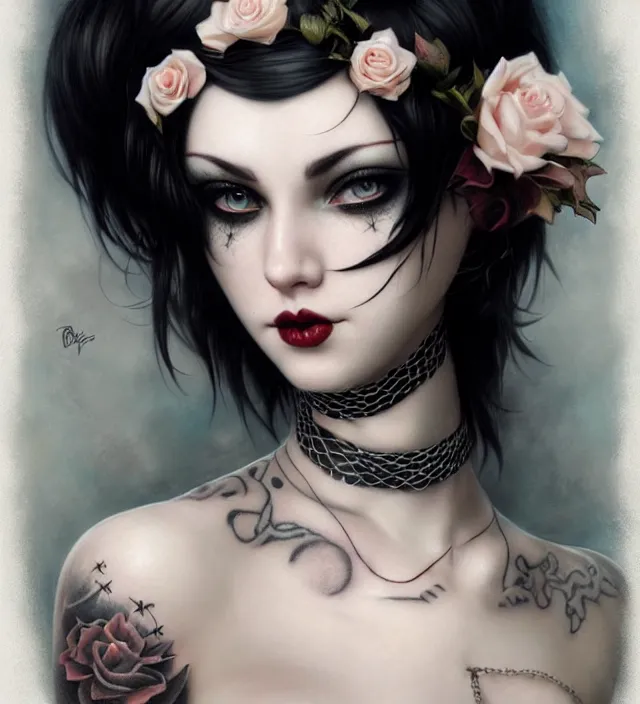 Image similar to two beautiful pale skin white eyed cosplay girls, black hair, fully tattooed body, fishnet corset with choker and whip on hand, symmetrical, beautiful detailed face, masterpiece, artstation contest winner, trending artgerm, paint by tom bagshaw