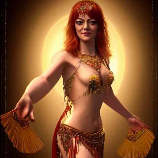 Image similar to a photorealistic portrait of actress emma stone dressed as a belly dancer, arabian night, volumetric lightening, octane render, high quality, fully detailed, 4 k, in focus sharp face with fine details, five human fingers, well structured hands, inspired by belly dancer on youtube, alphonse mucha, masterpiece, stunning