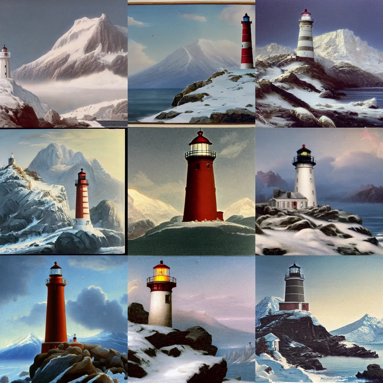 Prompt: a lighthouse at the peak of a snow - capped mountain, a detailed matte painting by samuel f. b. morse, trending on pexels, american scene painting, photo taken with ektachrome, creative commons attribution, matte painting