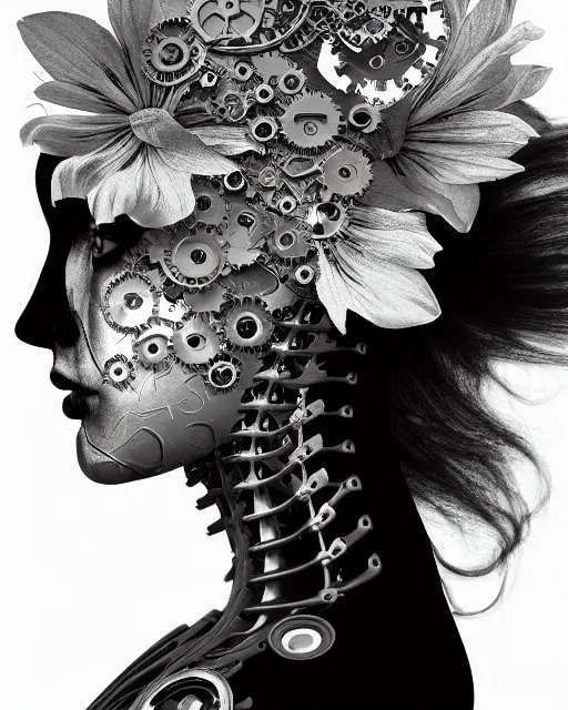 Image similar to monochrome profile portrait painting, dutch masters, silver lace floral steampunk biomechanical beautiful young female cyborg with one techno eye, monocular, volumetric light, leaves foliage and stems, hibiscus flowers, alexander mcqueen, rim light, big gothic fashion pearl embroidered collar, 8 k