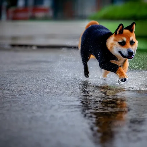 Image similar to shiba inu splashing in a puddle, realism, highly detailed, back lit, god rays, bloom, 4k