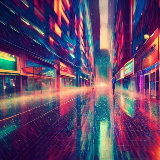Image similar to Bustling photorealistic!!! rainy (((neon))) street in a utopian city illustrated and reimagined by Max Hay, inverted fisheye lens!!!, eyelevel!!! view!!! photography, trending on artstation, 4k, 8k, lens distortion, chromatic aberration, soft focus blur, photorealistic imagery, photorealistic details, intricate, highly detailed, artstation 3d, artstation render, artstation 3d render, 3d art, unreal engine 3d, octane 3d, blender 3d, 3d landscape