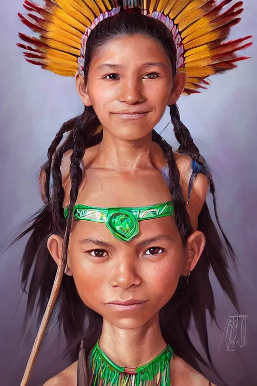 Prompt: a professional cartoony portrait of a indigenous happy kid female warrior, clothed in traditional colombian dance, long dark hair, beautiful bone structure, symmetrical facial features, green eyes, intricate, elegant and graceful, digital painting, concept art, smooth, sharp focus, illustration, finely detailed, from Rayman legends by Ruan Jia and Mandy Jurgens and Artgerm and William-Adolphe Bouguerea, award winning art, trending on Artstation