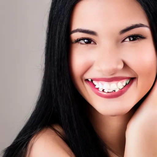 Prompt: a close up portrait of a 23 year old female, raven black hair, perfect teeth, smiling, soft features