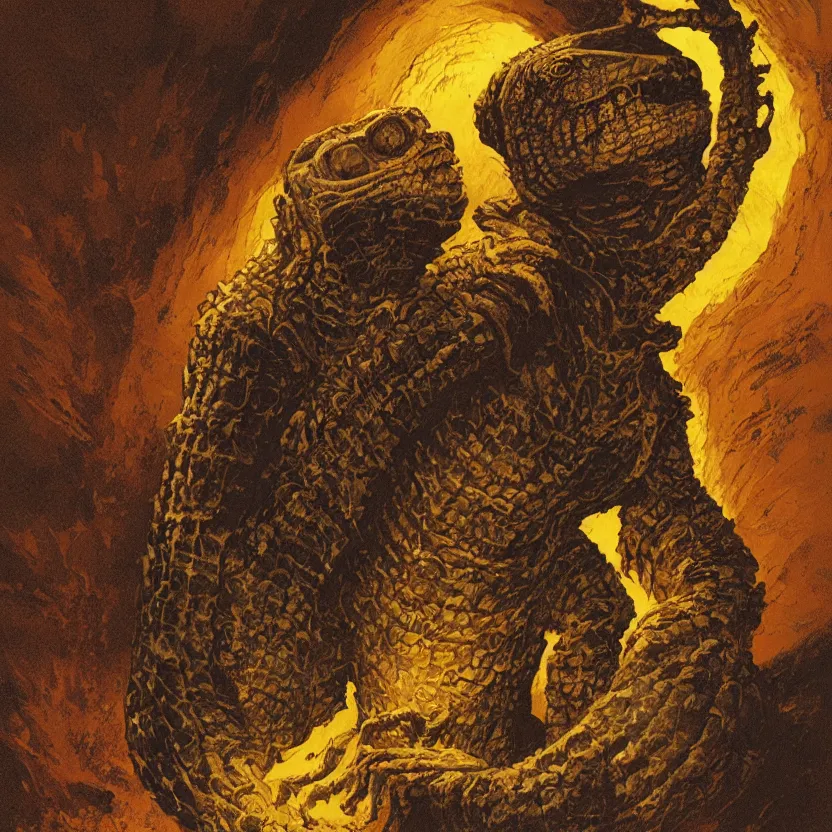 Prompt: close - up view of a reptile mummy emerging from a glowing ancient tomb. pulp sci - fi horror by basil gogos, vincent difate, sanjulian, and emsh. sharp focus. highly detailed illustration. dark background