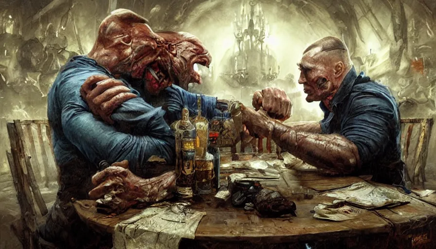 Image similar to arm wrestling between putin and his mind, hyperrealistic, digital concept art, caricature illustration, comics, bloody, violent. horror. art by gaston bussiere and greg rutkowski in yelow and blue color