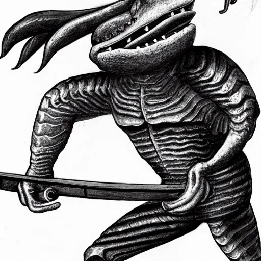 Image similar to a humanoid eel creature holding a swashbuckling sword in the style of a charcoal drawing