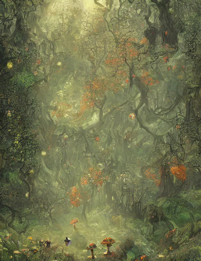 Image similar to mysterious fairy landscape of a mushroom kingdom in the middle of the foggy forest, ornate, misty, intricate, ring light, baroque elements, dan mumford, junji murakami, mucha klimt, van gogh, hiroshi yosida, frank frazetta and craig mullins art styles