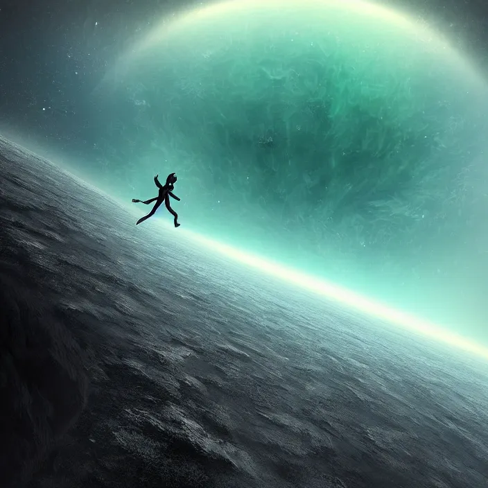 Image similar to running at the edge of space, toward a planet, calm, reaching the abyss, digital art