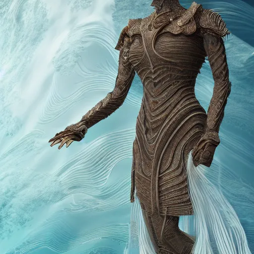 Prompt: a regal brown woman wearing an intricate and detailed armor made of ocean waves. layers. textures. delicate. elaborate. translucent. soft. ethereal. fragile. vulnerable. studio portrait. photorealistic. octane render