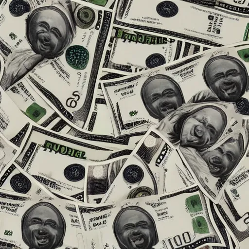 Image similar to huge pile of money with faces smiling, weird art, 4 k