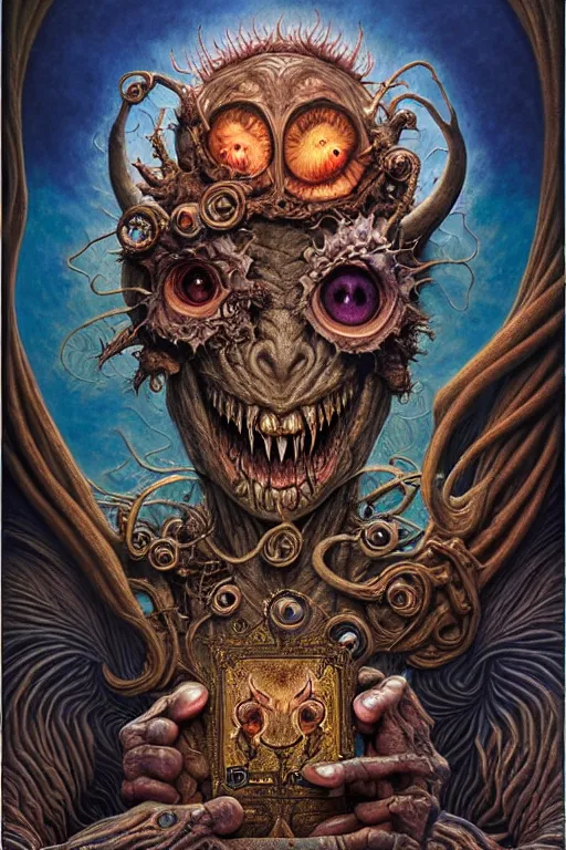 Image similar to A beautiful detailed grotesque monster super cute tarot card, by tomasz alen kopera and Justin Gerard, symmetrical features, ominous, magical realism, texture, intricate, ornate, royally decorated, mechanic, skeleton, whirling smoke, embers, red adornements, blue torn fabric, radiant colors, fantasy, trending on artstation, volumetric lighting, micro details, 3d sculpture, ray tracing, 8k, anaglyph effect, digital art