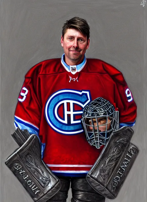 Image similar to portrait of supreme goaltender patrick roy, habs royalty, extravagant, lord, full body equipment, military goalie uniform, 4 stanley cups, fantasy, intricate, elegant, beautiful, highly detailed, charcoal, centered, dark, smokey, digital painting, artstation, concept art, art by artgerm and greg rutkowski and alphonse mucha