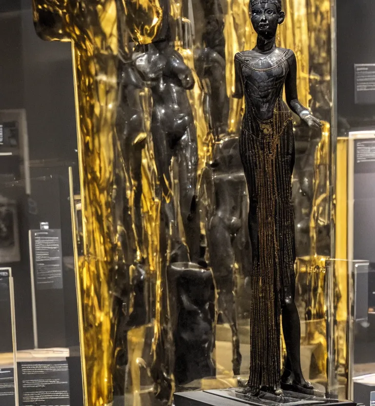 Image similar to a photo at the museum showing a black marble and gold full body sculpture of cleopatra. good quality, good light, anatomically correct, 8 k