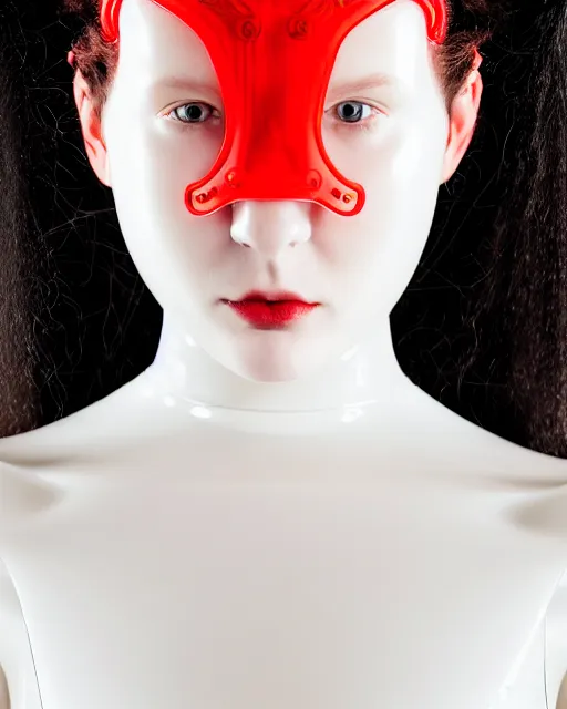 Image similar to symmetrical portrait of a woman wearing a red embroidered translucent silicone mask and white frizzy hair buns, wearing a black bodysuit by alexander mcqueen, cream white background, soft diffused light, biotechnology, humanoide robot, futuristic aesthetic, translucent, ethereal, intricate details, highly detailed, masterpiece,