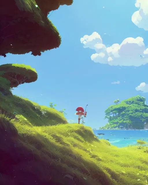 Image similar to a forgotten island with lush vegetation, beautiful clouds, azure water, cory loftis, james gilleard, atey ghailan, makoto shinkai, goro fujita, studio ghibli, rim light, exquisite lighting, clear focus, very coherent, plain background, soft painting