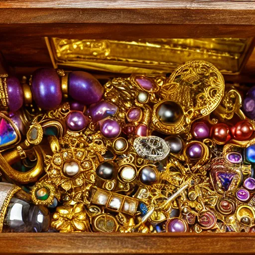 Image similar to A treasure chest filled with jewels and golden artefacts, 4k, hdri, museum quality photo