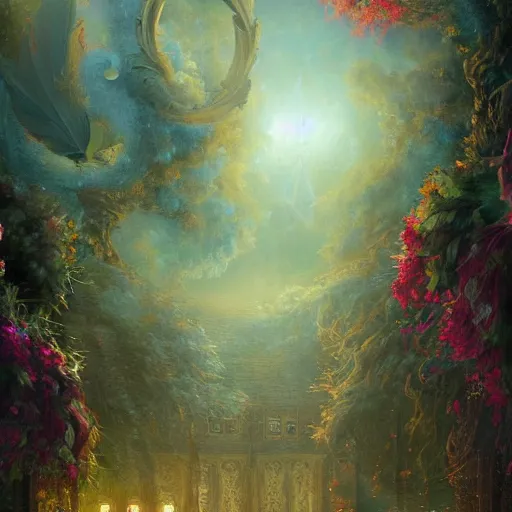 Image similar to woodstock ornate background, beautiful fantasy detailed trending on artstation, oil painting, dramatic lighting, eterea, high quality print, fine art with subtle redshift rendering