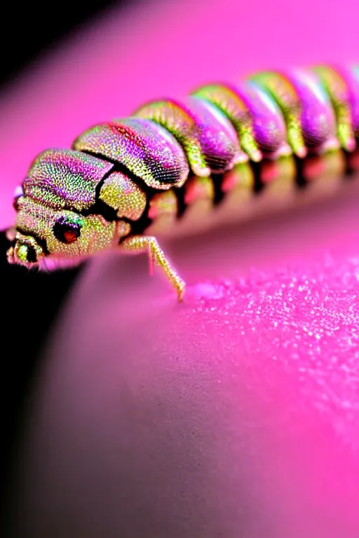 Image similar to high quality close-up photo pearlescent caterpillar! gorgeous highly detailed david ligare elson peter cinematic pink lighting high quality low angle hd 8k sharp shallow depth of field