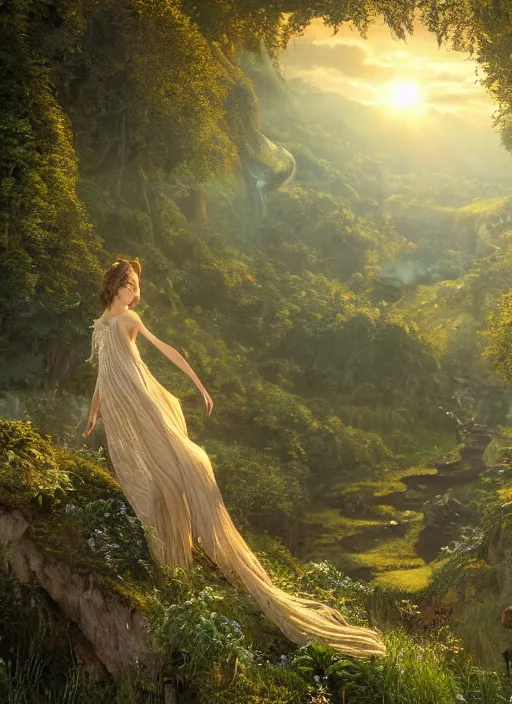Prompt: an elegant fairy with wings of lace in a lord of the rings scenery landscape, looking out at a vast lush valley flowers and wood structures, stream, sunrise, god's rays highly detailed, vivid color, cinematic lighting, perfect composition, 8 k, gustave dore, derek zabrocki, greg rutkowski, belsinski, octane render