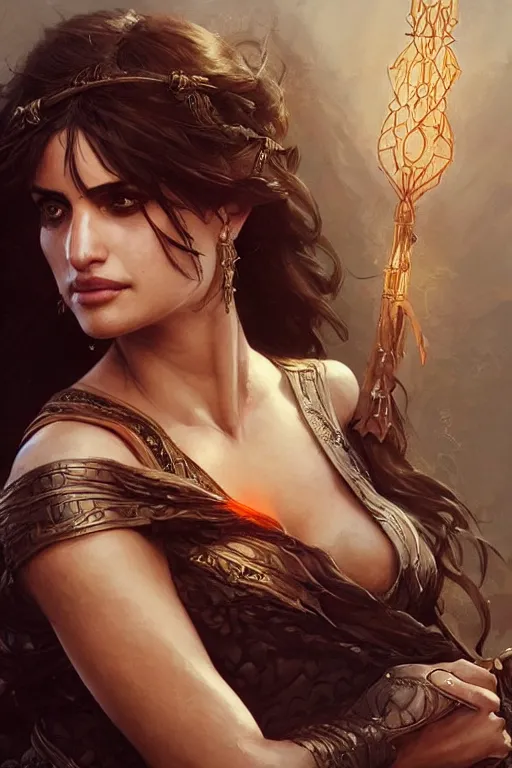 Image similar to penelope cruz , D&D, fantasy, intricate, cinematic lighting, highly detailed, digital painting, artstation, concept art, smooth, sharp focus, illustration, art by Artgerm and Greg Rutkowski and Alphonse Mucha