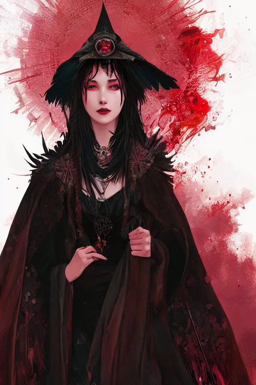 Image similar to beautiful ancient witch in raven feather cape, blood rain on background, highly detailed, digital painting, artstation, sharp focus, illustration, art by tan zi and ayanamikodon and alphonse mucha and wlop