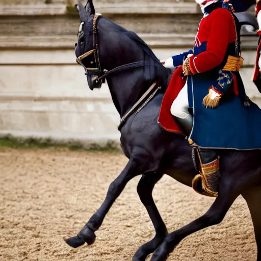 Image similar to closeup portrait of emmanuel macron dressed as napoleon riding a tiny miniature horse, natural light, sharp, detailed face, magazine, press, photo, steve mccurry, david lazar, canon, nikon, focus