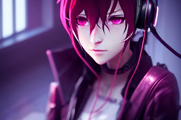 Image similar to a girl with headphones is looking at a rainy window in the style of a code vein character creation, cyberpunk art by Yuumei, cg society contest winner, rayonism light effects and bokeh, daz3d, vaporwave, deviantart hd