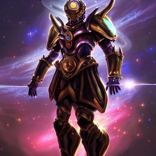 Image similar to photorealistic fantasy cosmic concept art of a cosmic god with armor made out of planets and dark matter, hovering in a unknown galaxy, fully body portrait, cinematic, dynamic lighting, ultra detailed, creative, trending on art station, stunning visuals, creative