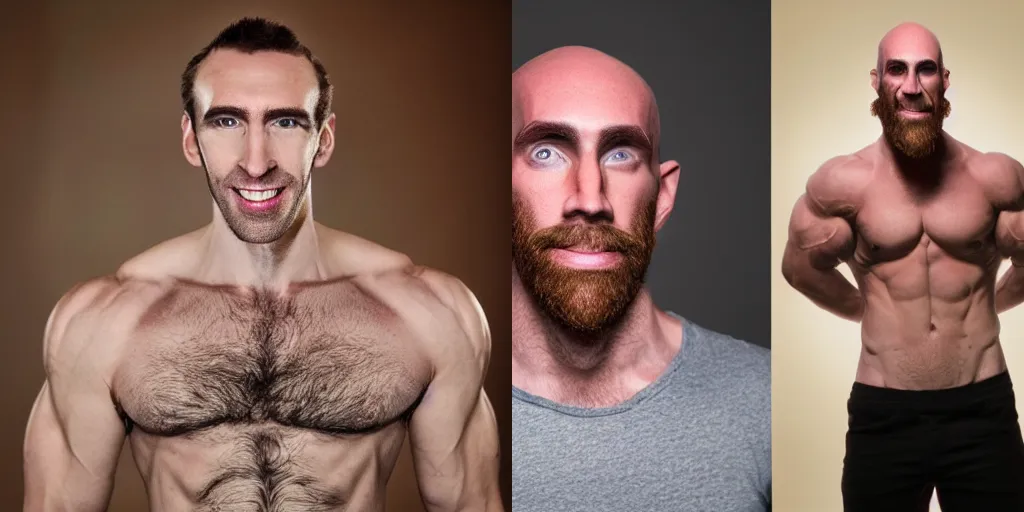 Prompt: realistic picture of the face of Asmongold being bald and very muscular like gigachad, high quality photograph, shadows