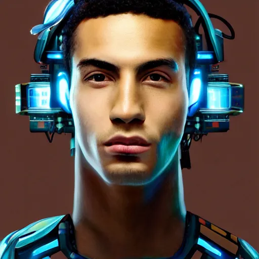 Image similar to in the style of max prentice a portrait of a young and charismatic mixed race man wearing a cyberpunk headpiece, surrounded by futuristic devices, highly detailed