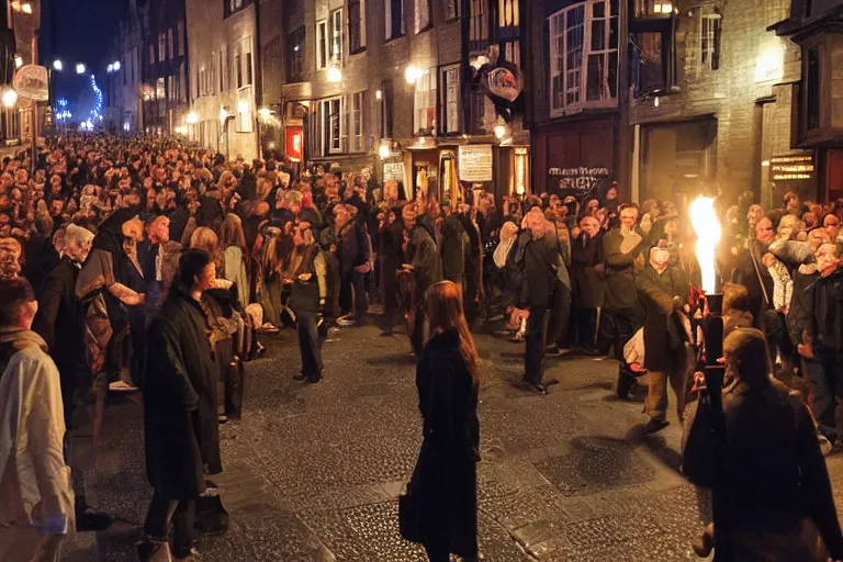 Prompt: medieval london street crowded night time torch lit