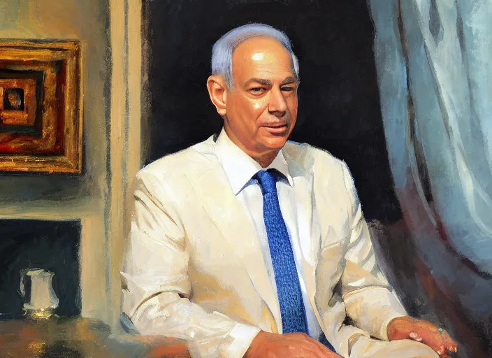 Image similar to a highly detailed beautiful portrait of bibi nethanyahu, by gregory manchess, james gurney, james jean