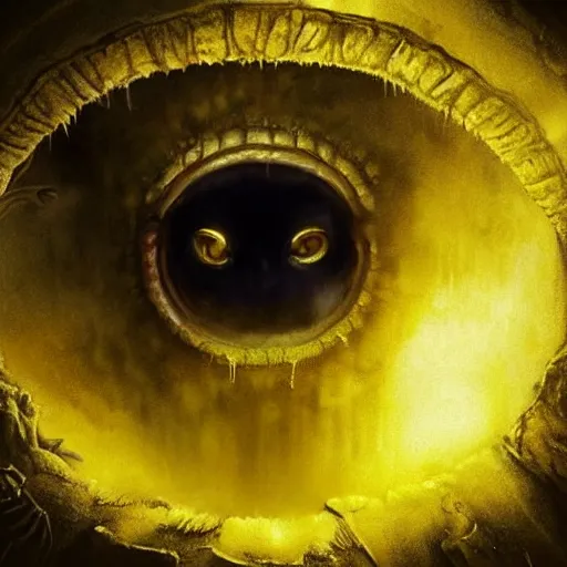 Image similar to an eye inside a mouth of a child with pointed teeth and glowing yellow eyes, nightmare, dark, h. p. lovecraft, portrait, intricate, detailed, volumetric lighting, scenery, digital painting, highly detailed, artstation, sharp focus, illustration, concept art, art by artgerm and greg rutkowski