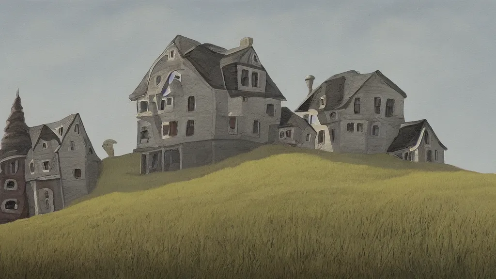 Image similar to a beautiful painting by Charles Addams of a house on a lonely hill, trending on artstation