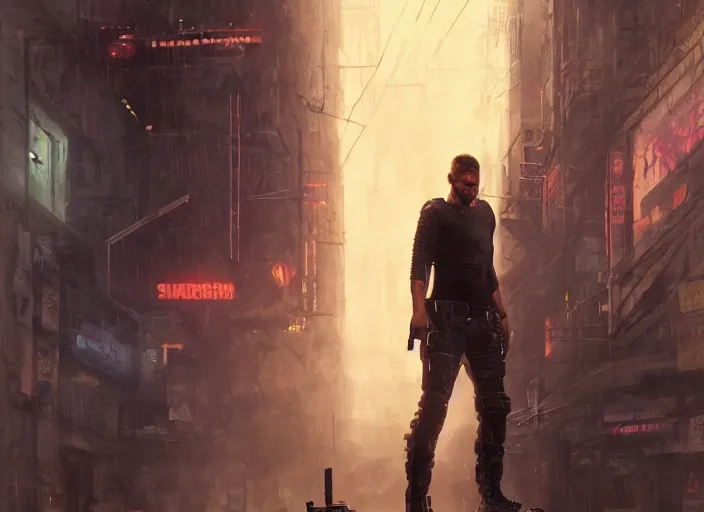 Image similar to sam fisher knocking out guard ( blade runner 2 0 4 9, dystopian, cyberpunk 2 0 7 7 character design ). portrait by james gurney and laurie greasley, oil on canvas. cinematic, hyper realism, realistic proportions, anatomy, dramatic lighting, high detail 4 k