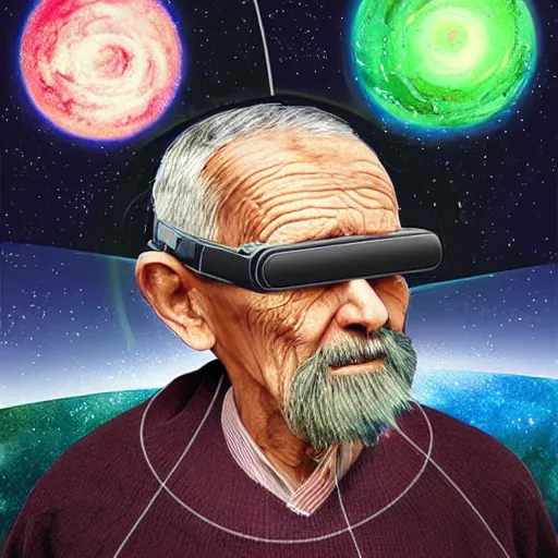 Prompt: an elderly wise man in the cosmos wearing vr headsets, digital art, detailed