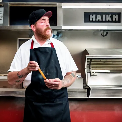 Image similar to wafflehouse restaurant cook standing outside smoking a cigarette